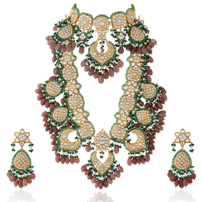 Indian wedding wear bridal heavy double layered necklace set with mozanite stones and pastel beads