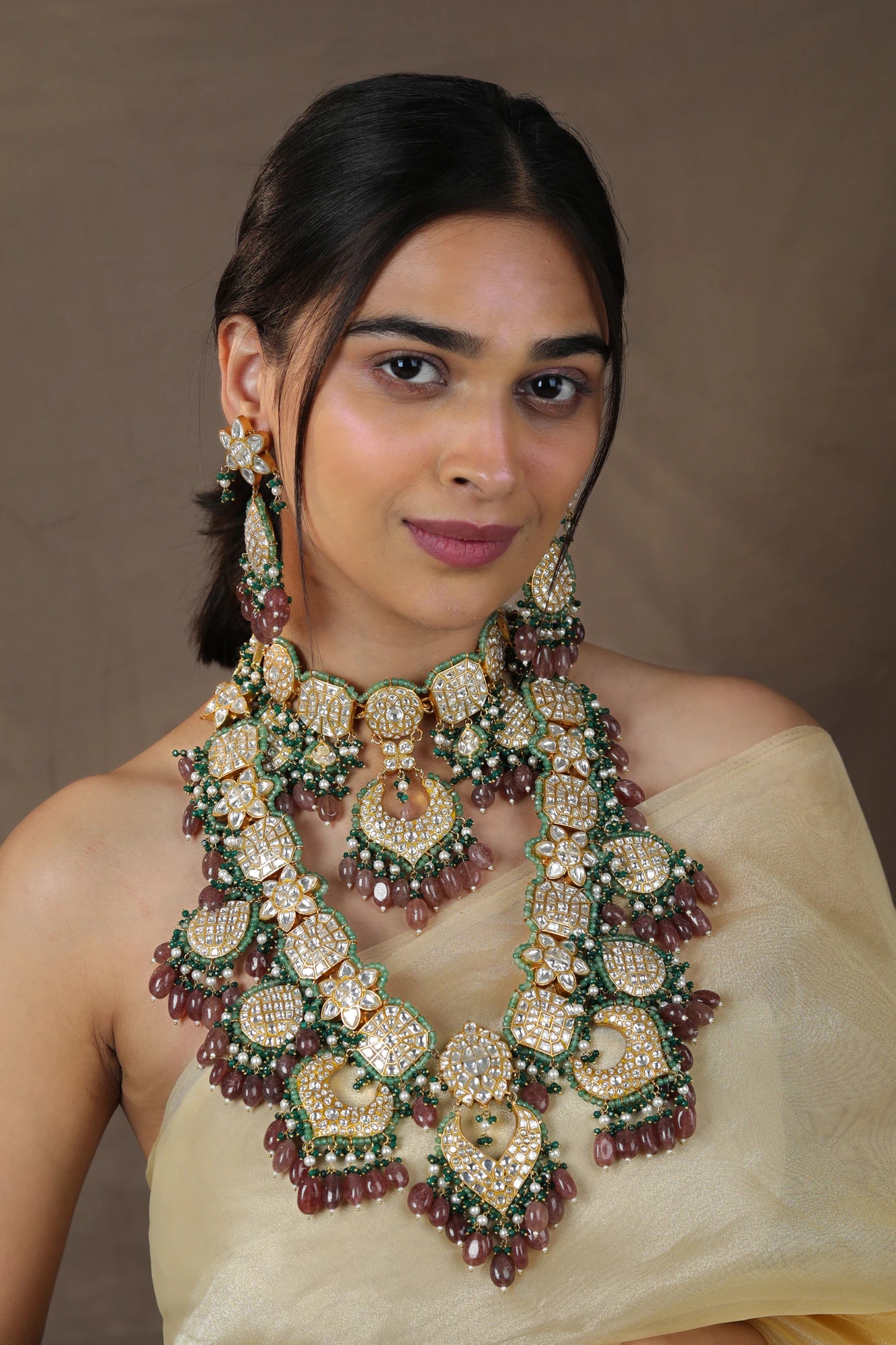 Indian wedding wear bridal heavy double layered necklace set with mozanite stones and pastel beads