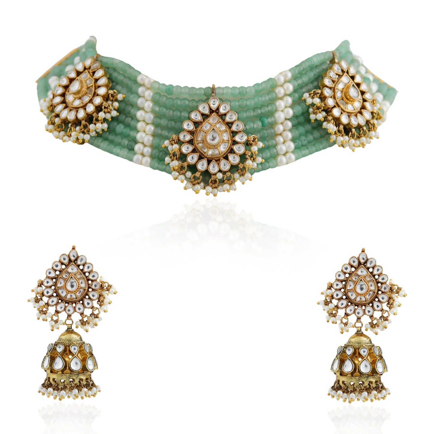 Indowestern cum traditional delicate sea green choker with jhumki earings