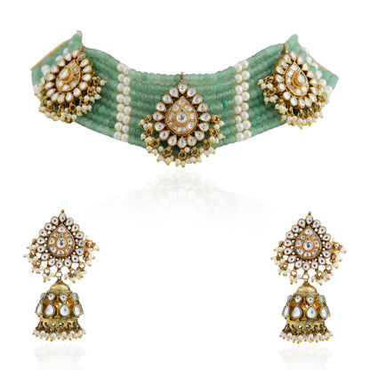 Indowestern cum traditional delicate sea green choker with jhumki earings