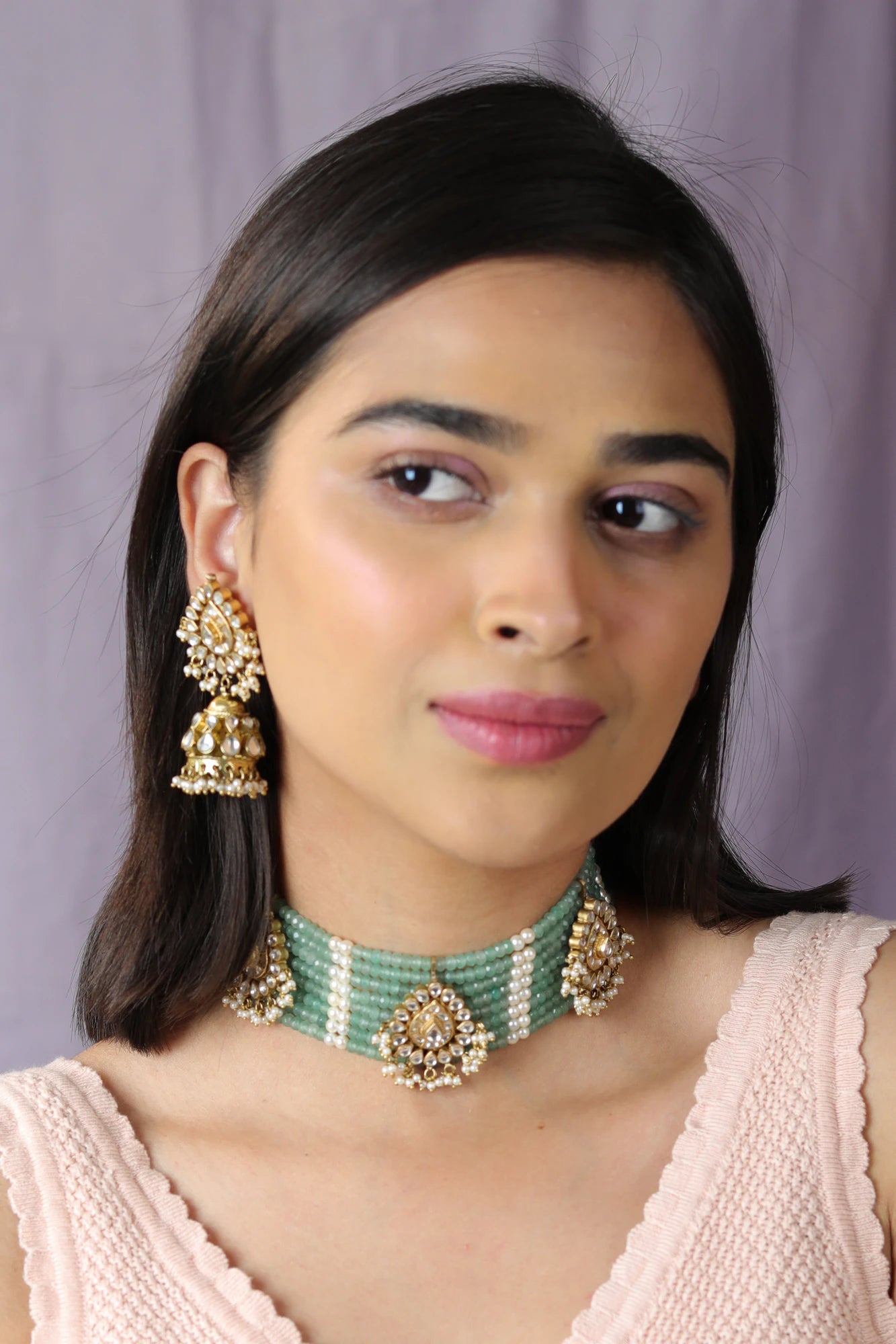Indowestern cum traditional delicate sea green choker with jhumki earings