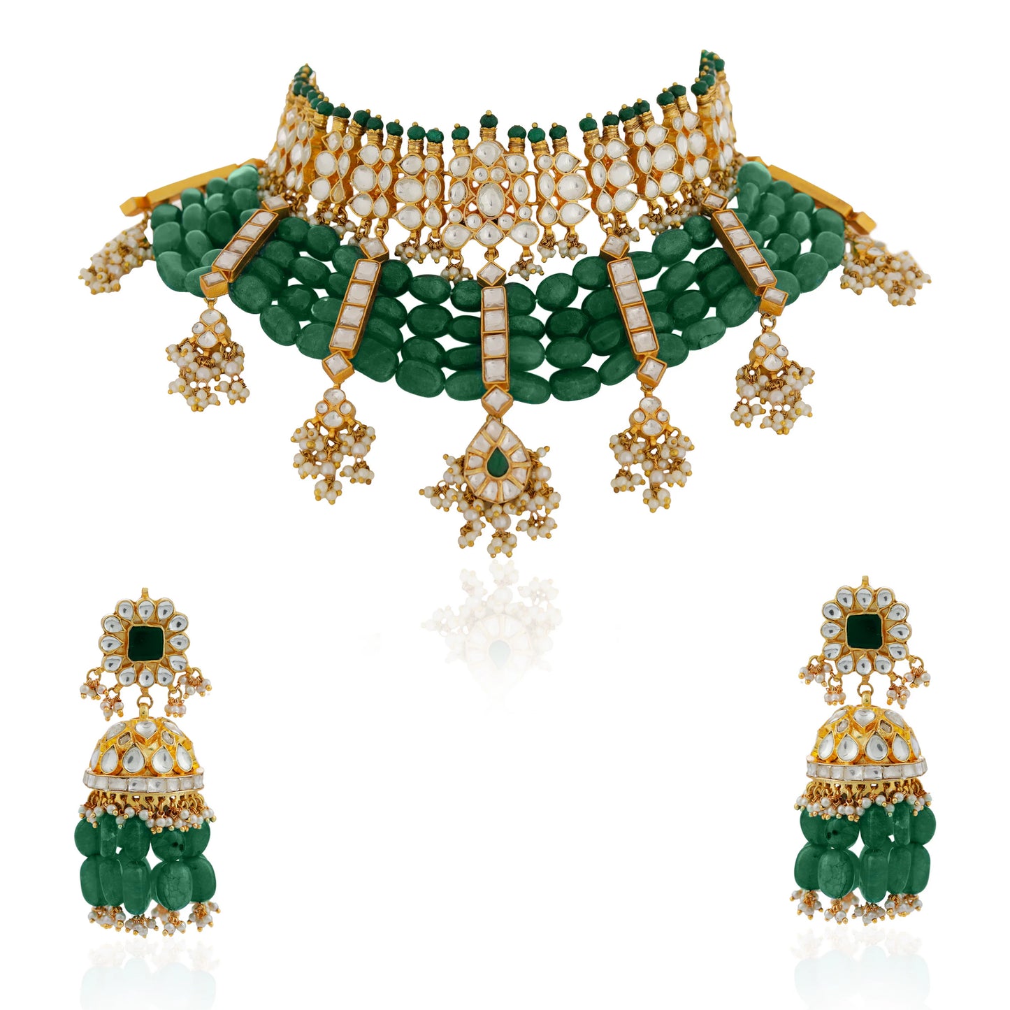 Gold plated Statement Jewellery with semi precious emerald beads