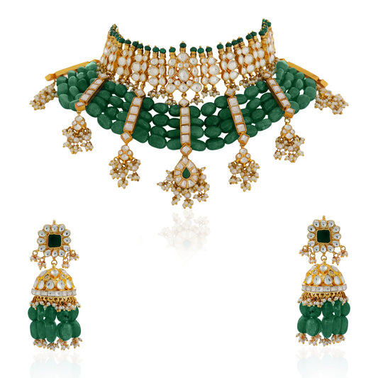 Gold plated Statement Jewellery with semi precious emerald beads