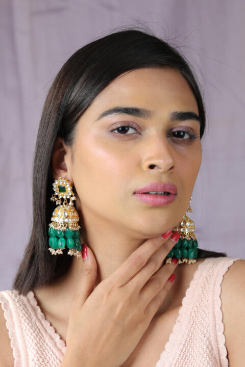 Festive wear Emerald green beads floral jhumkas