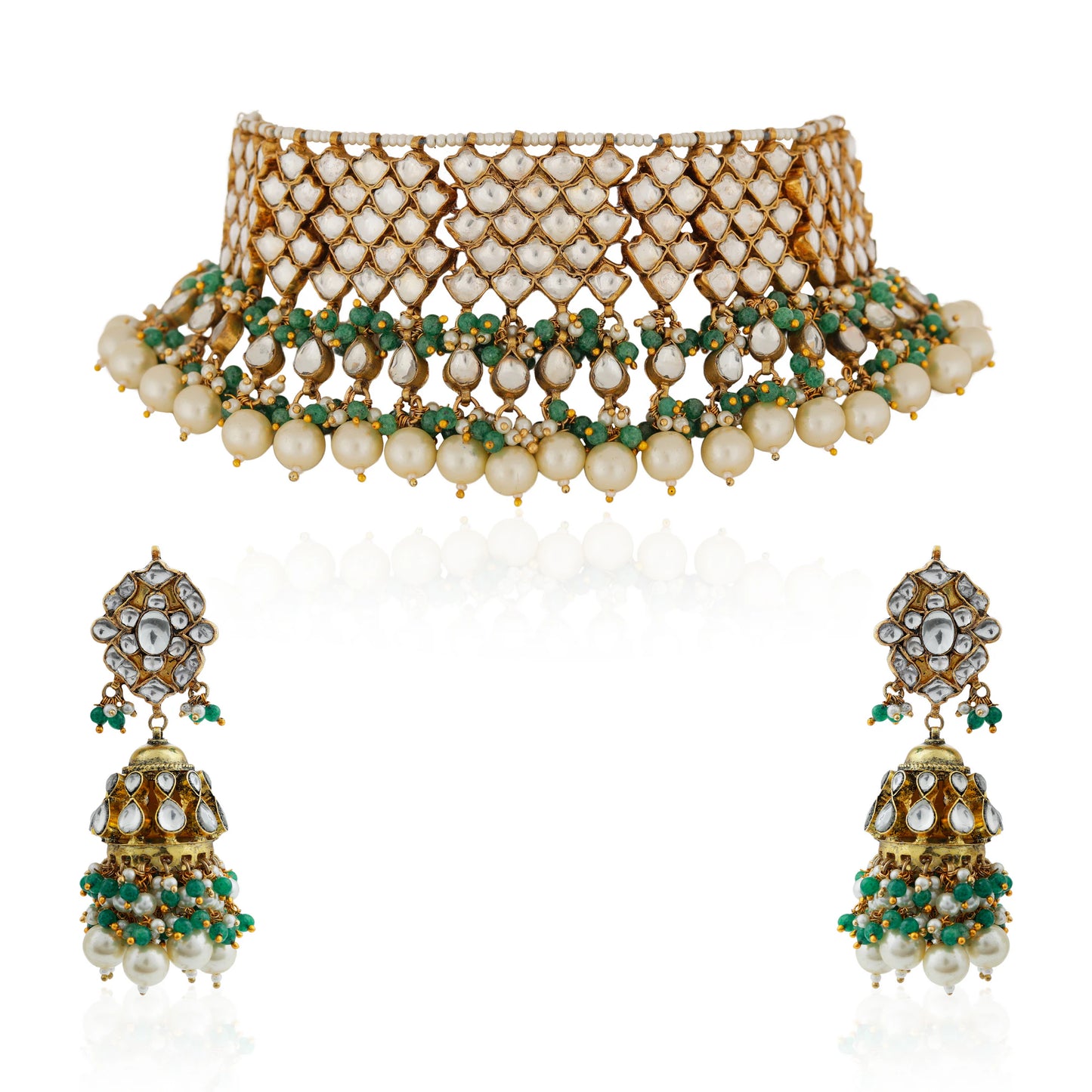 Gold finish elegant jadau green choker with jhumkas