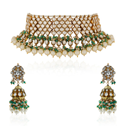 Gold finish elegant jadau green choker with jhumkas