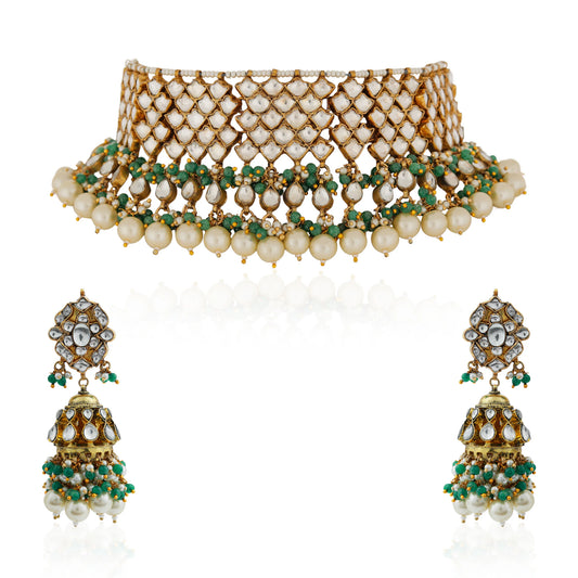 Gold finish elegant jadau green choker with jhumkas
