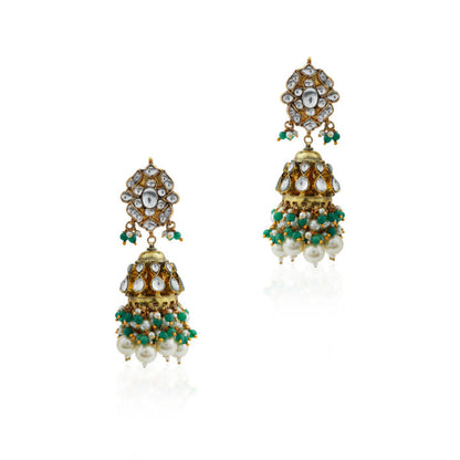 Gold finish occassion wear white pearl jhumka with green hangings