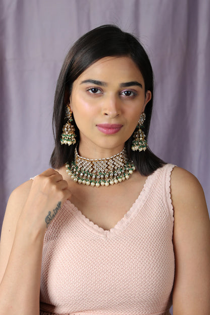 Gold finish elegant jadau green choker with jhumkas