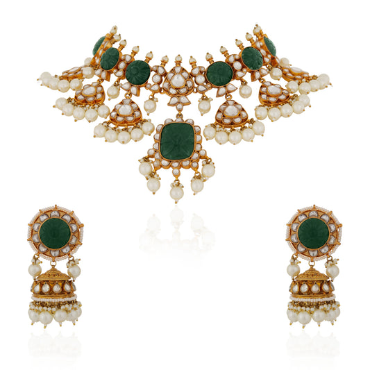 Indian handcrafted green necklace set with mozanite and carved stones