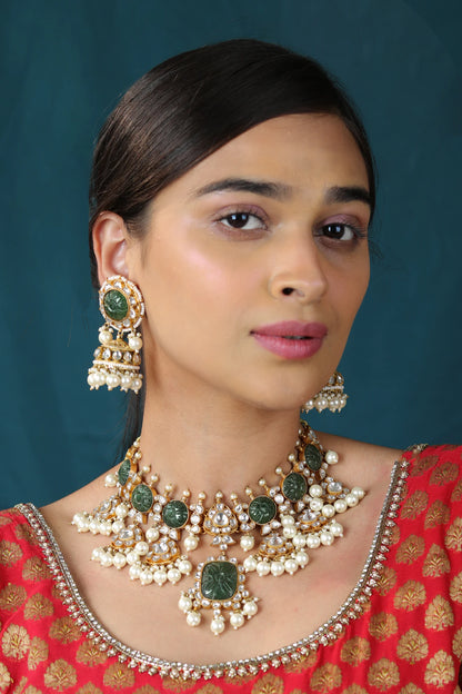 Indian handcrafted green necklace set with mozanite and carved stones
