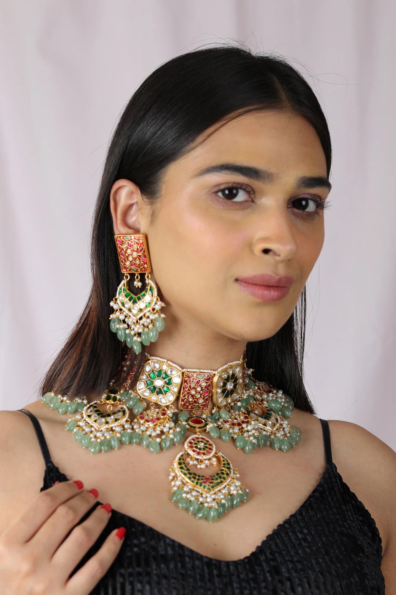 Red meenakari vintage jewellery/bridal pink green necklace set