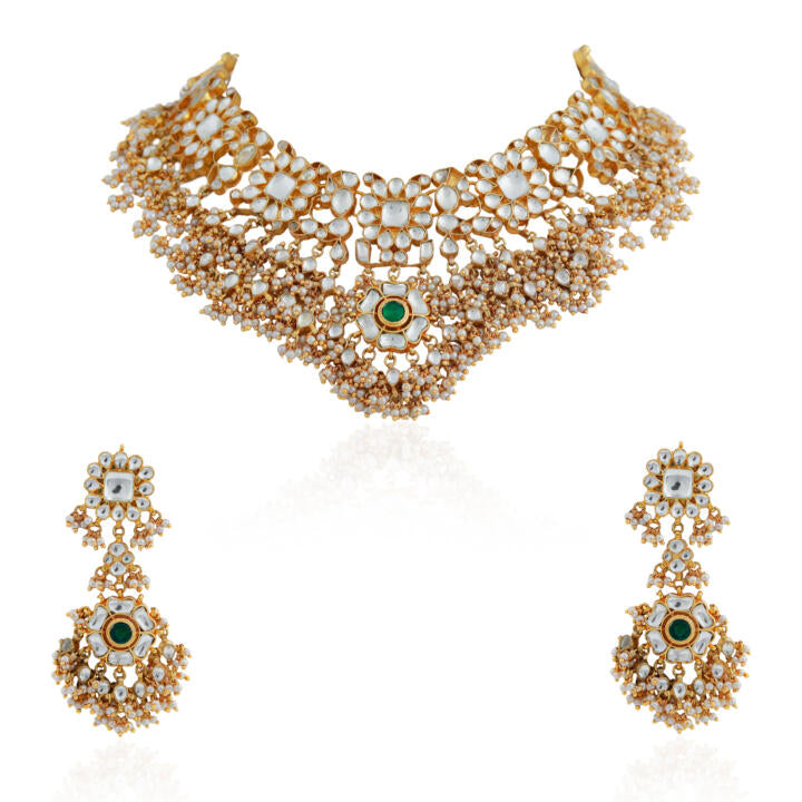 Women gold finish white hangings necklace set