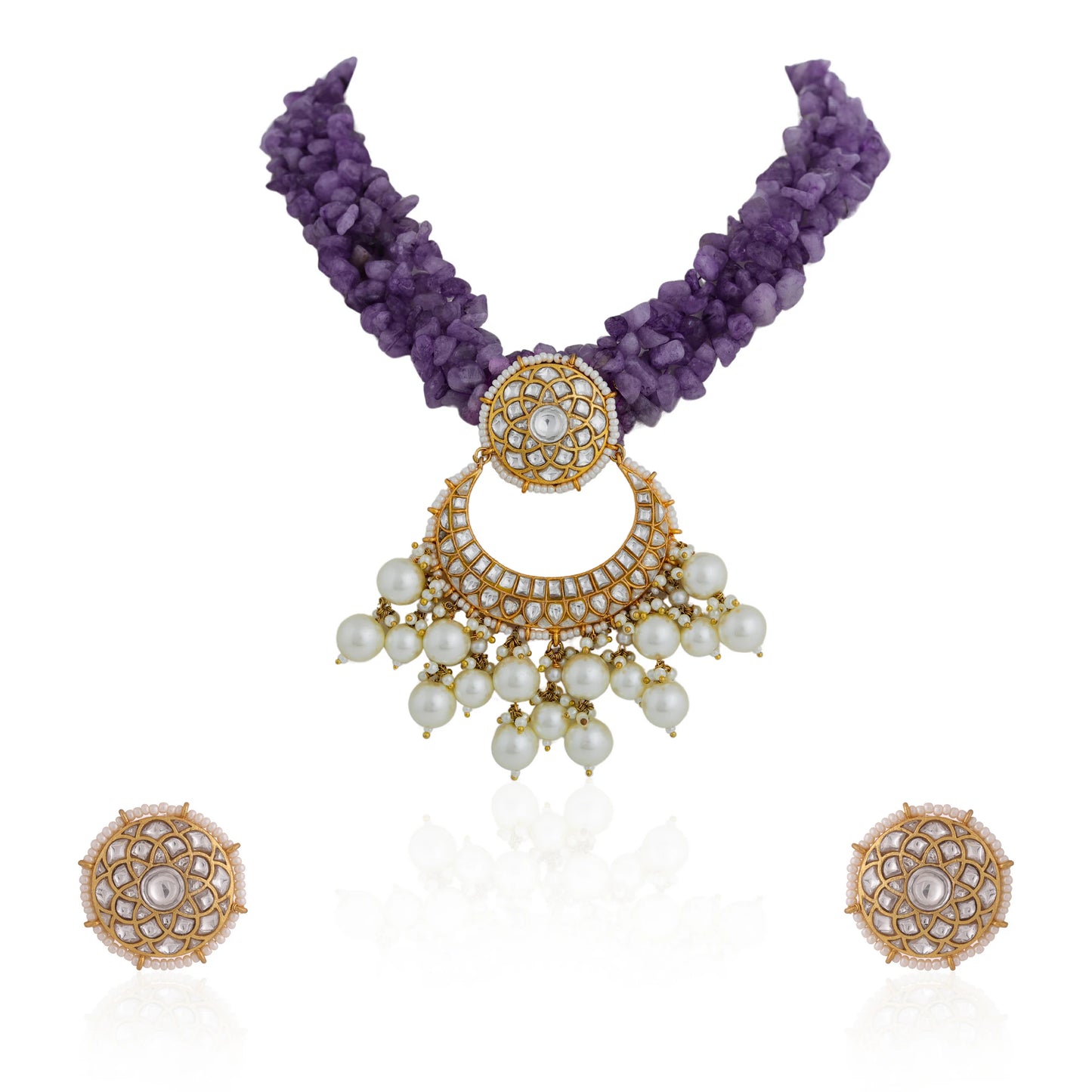 Designer Handcrafted Amethyst Beads and jadau Necklace by riana jewellery