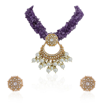 Designer Handcrafted Amethyst Beads and jadau Necklace by riana jewellery
