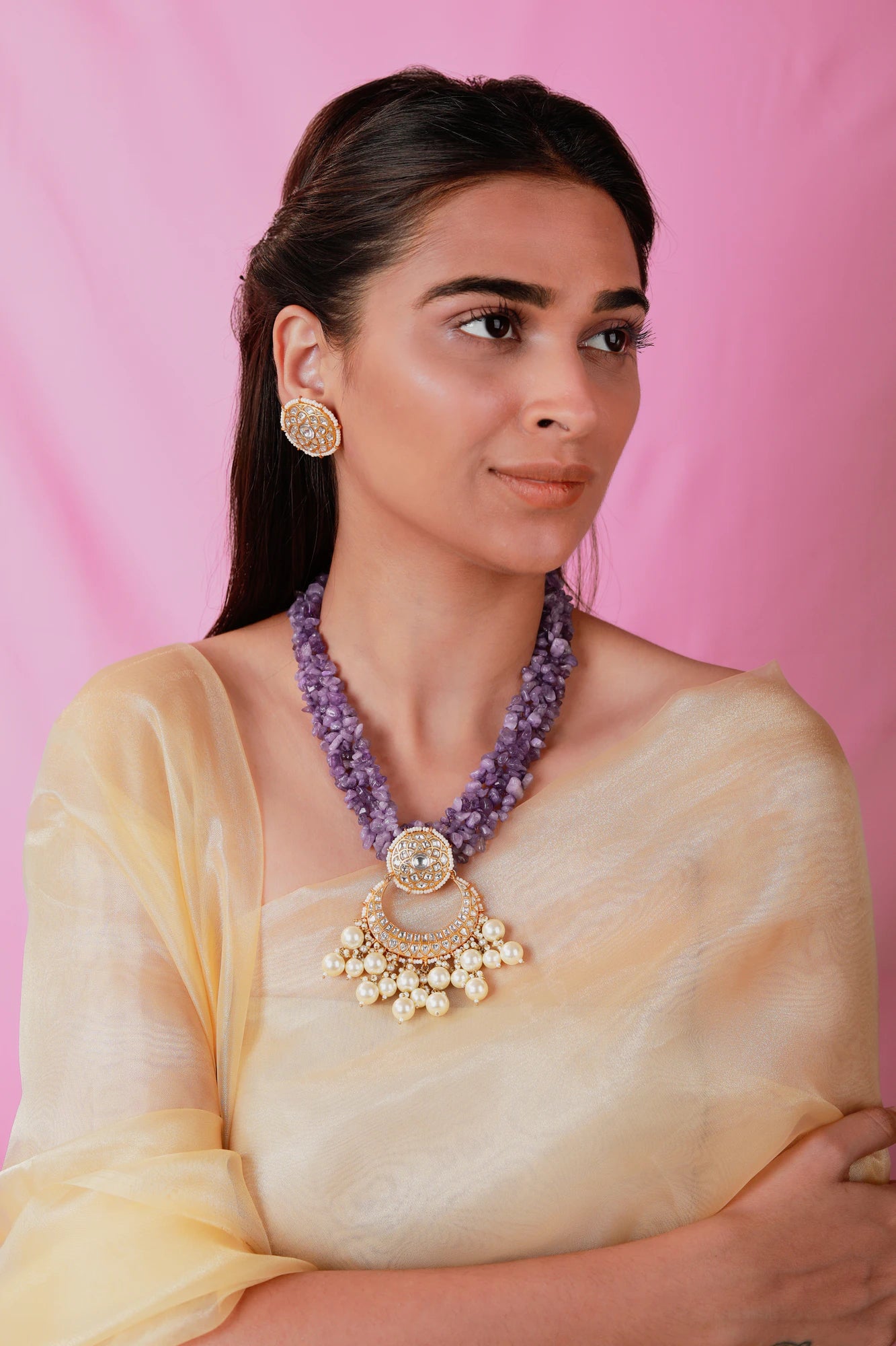 Designer Handcrafted Amethyst Beads and jadau Necklace by riana jewellery
