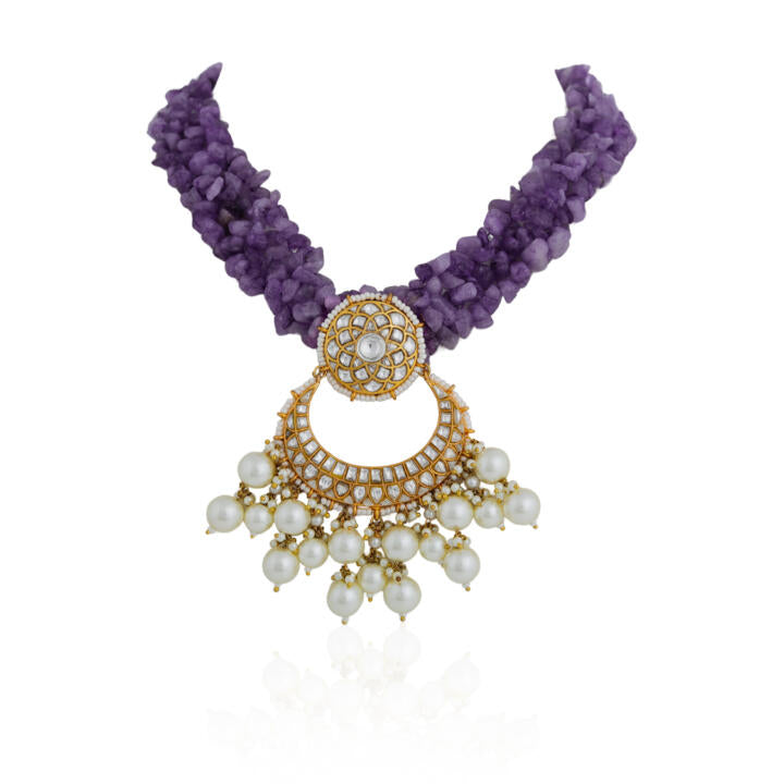 Designer Handcrafted Amethyst Beads and jadau Necklace by riana jewellery
