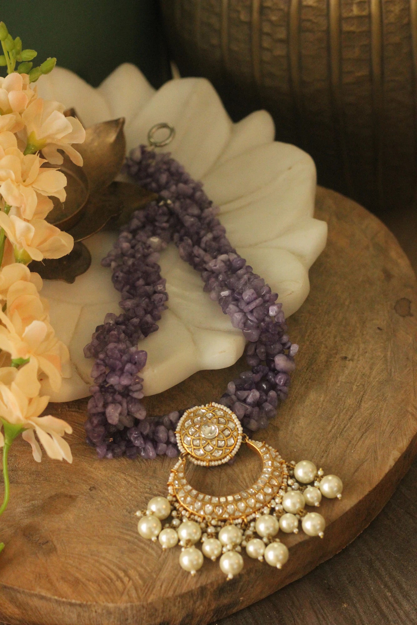 Designer Handcrafted Amethyst Beads and jadau Necklace by riana jewellery