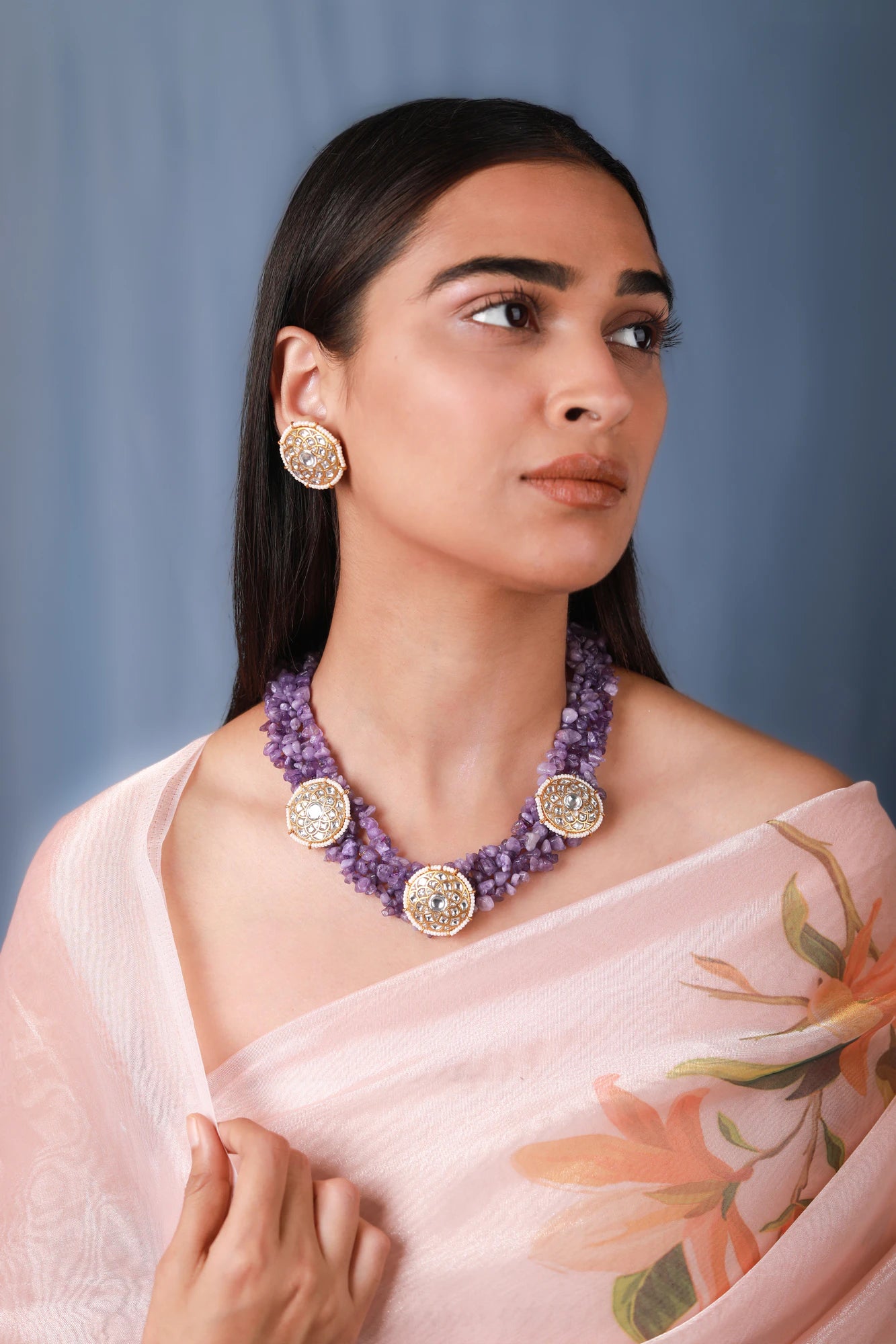 Amethyst beads purple jadtar stone choker set/Handmade necklace