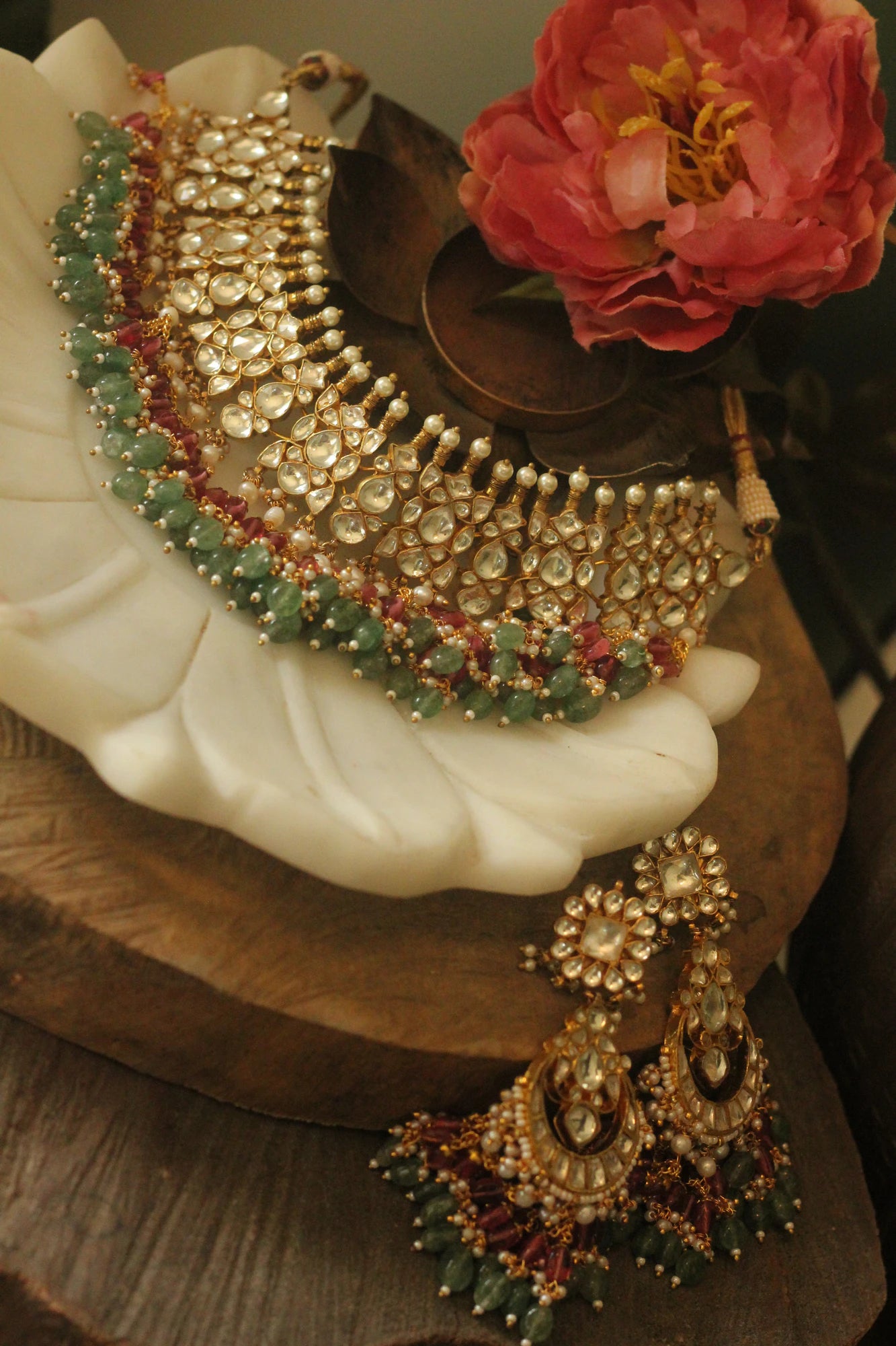 Women gold plated Pink green Necklace set