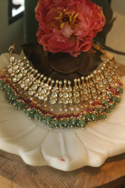 Women gold plated Pink green Necklace set