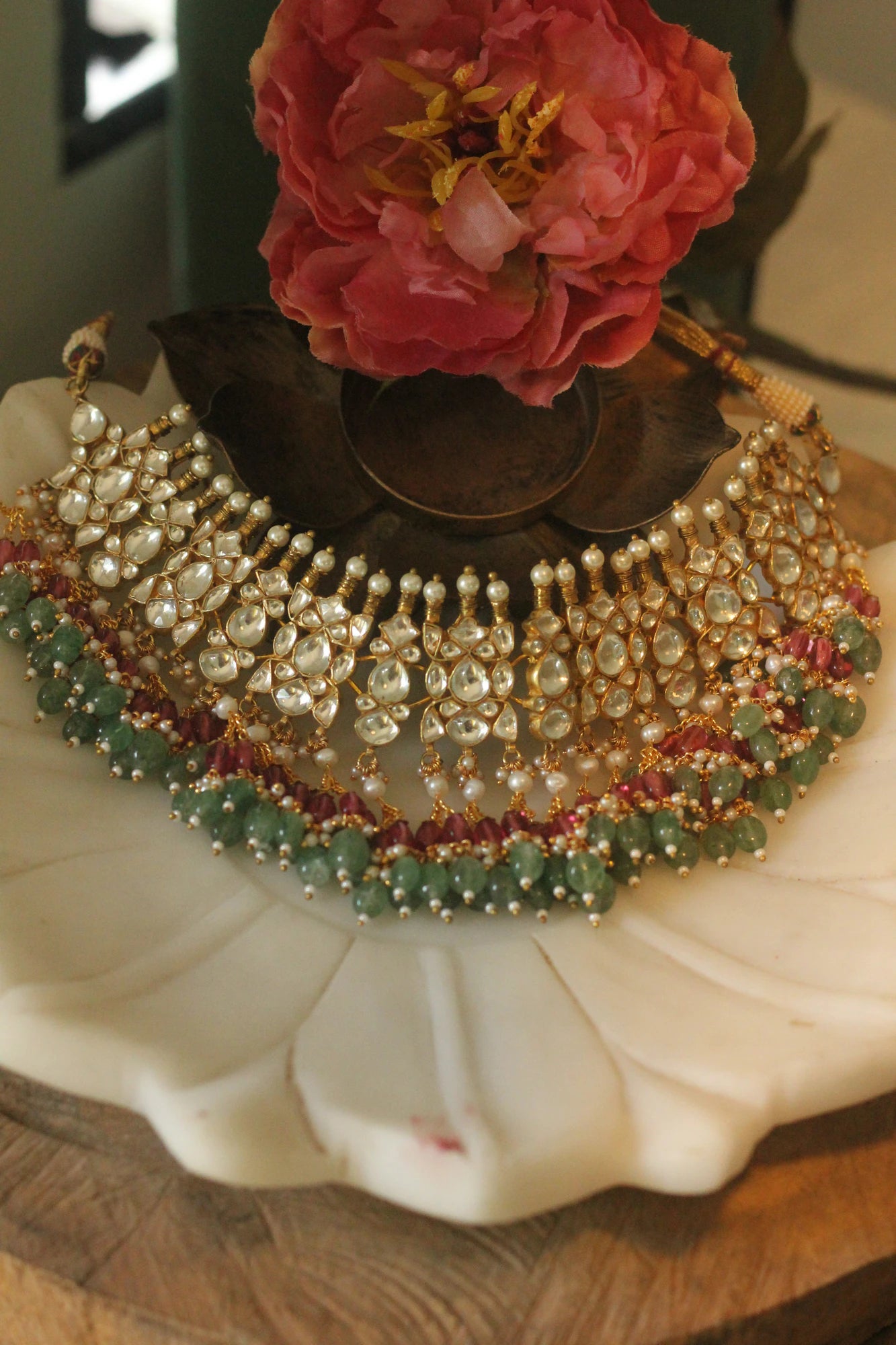 Women gold plated Pink green Necklace set