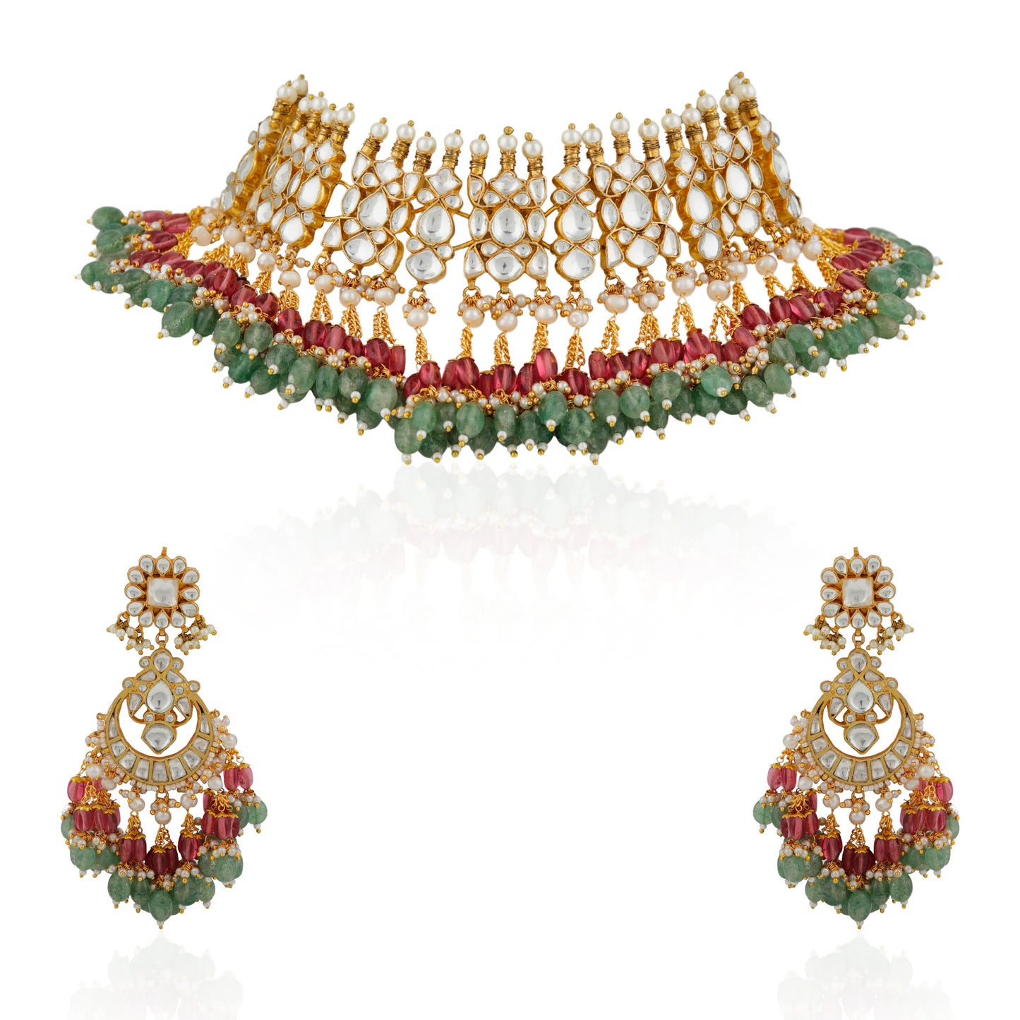 Women gold plated Pink green Necklace set