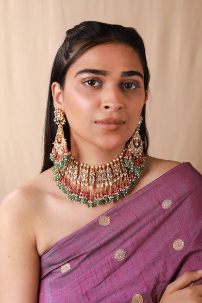 Women gold plated Pink green Necklace set