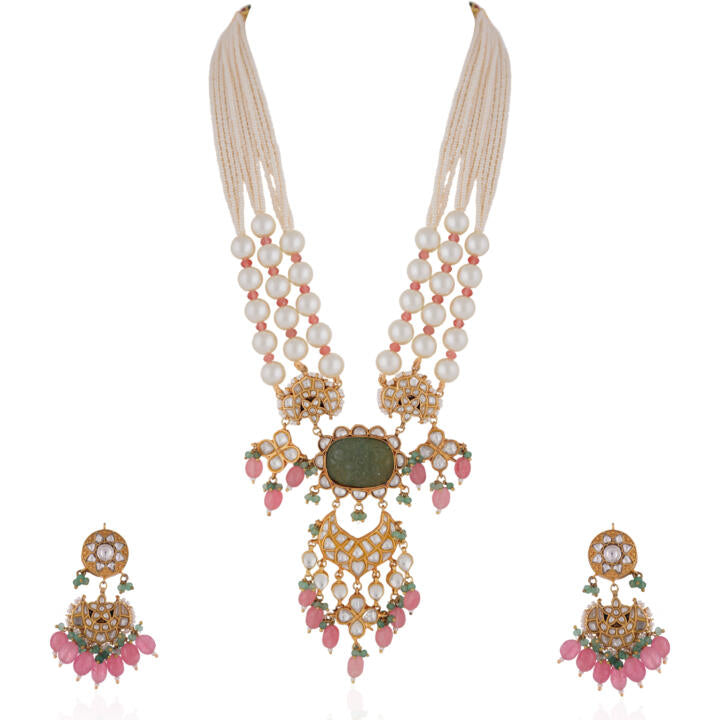 Mint green jadtar double beaded rajwadi necklace set/pastel pink beaded necklace