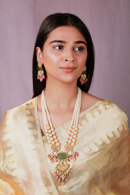 Mint green jadtar double beaded rajwadi necklace set/pastel pink beaded necklace