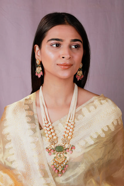 Mint green jadtar double beaded rajwadi necklace set/pastel pink beaded necklace