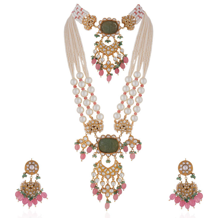 Green Pendant white pearl long necklace with choker set with pastel pink beads