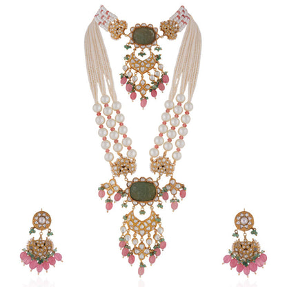 Green Pendant white pearl long necklace with choker set with pastel pink beads