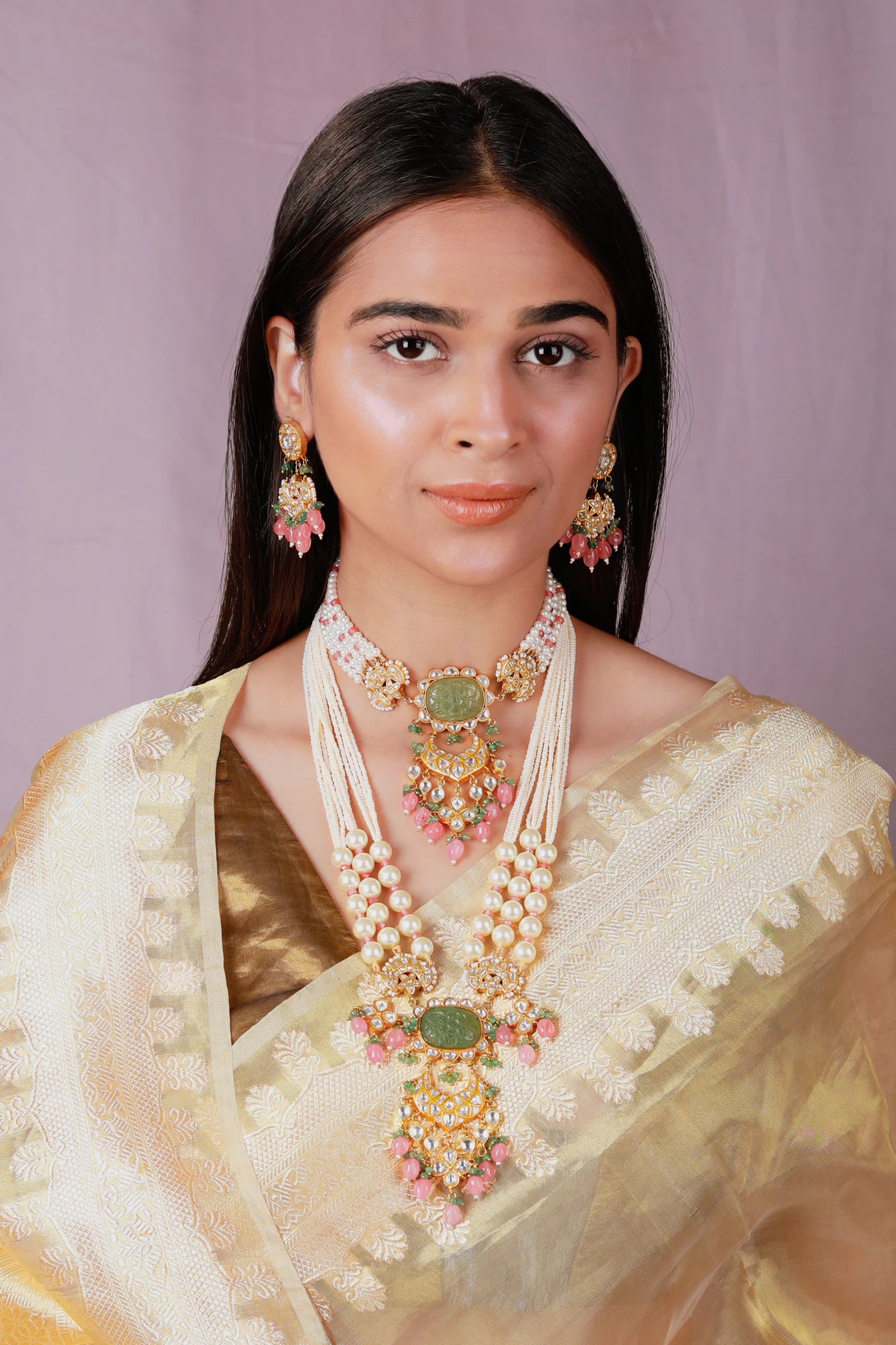 Green Pendant white pearl long necklace with choker set with pastel pink beads