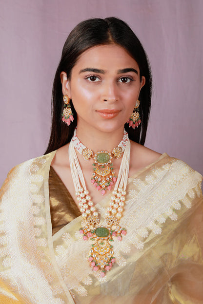 Green Pendant white pearl long necklace with choker set with pastel pink beads