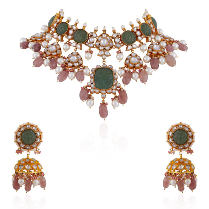 Mehendi green carved stone necklace set with pastel pink beaded necklace and jhumki
