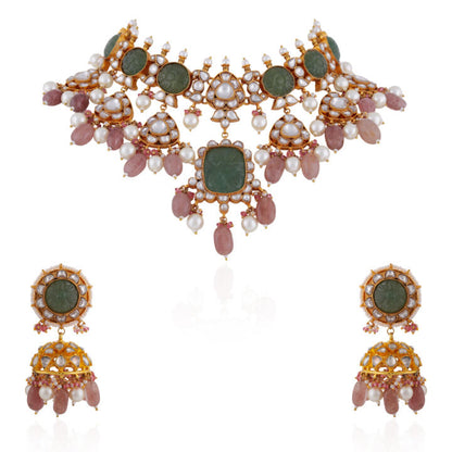 Mehendi green carved stone necklace set with pastel pink beaded necklace and jhumki