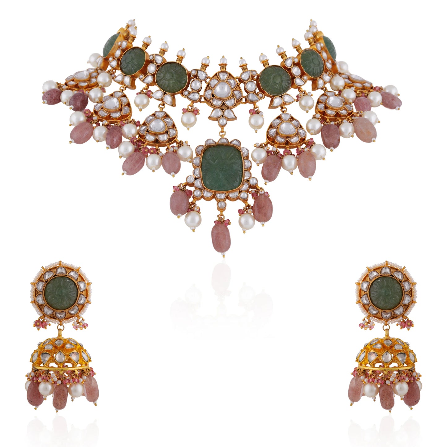 Mehendi green carved stone necklace set with pastel pink beaded necklace and jhumki
