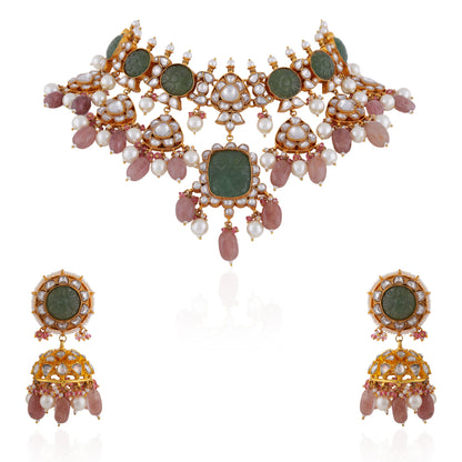 Mehendi green carved stone necklace set with pastel pink beaded necklace and jhumki