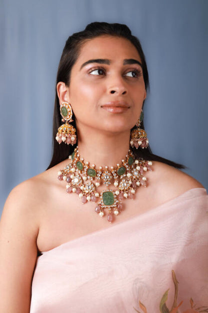 Mehendi green carved stone necklace set with pastel pink beaded necklace and jhumki