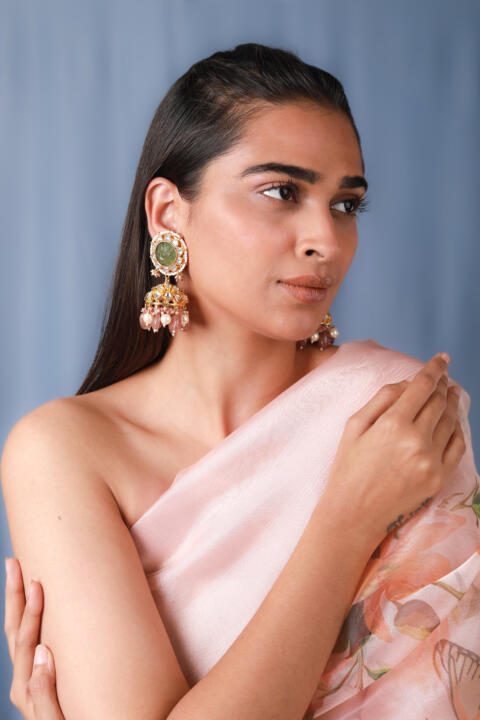 Mehendi green carved stone necklace set with pastel pink beaded necklace and jhumki