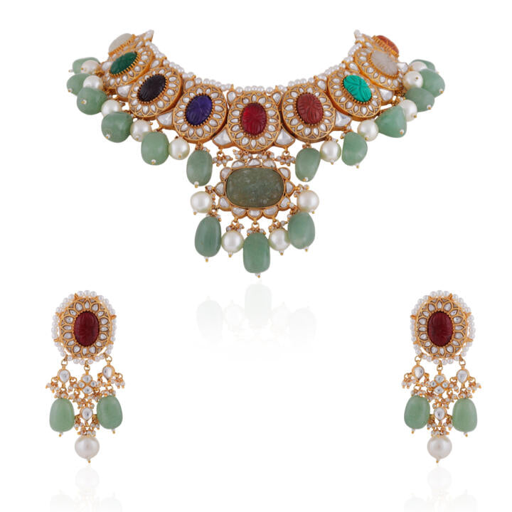 Bridal statement multicolour necklace set with sea green bead and pearl