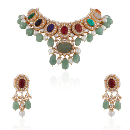 Bridal statement multicolour necklace set with sea green bead and pearl