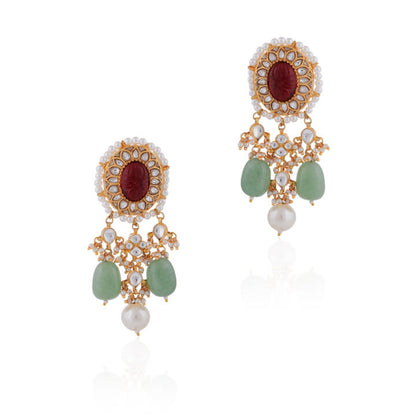 Red stone with sea green drop earrings