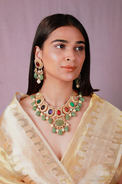 Bridal statement multicolour necklace set with sea green bead and pearl
