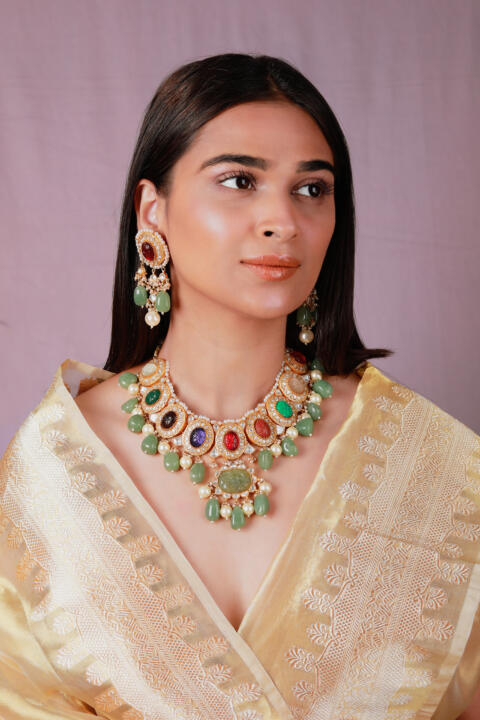 Bridal statement multicolour necklace set with sea green bead and pearl
