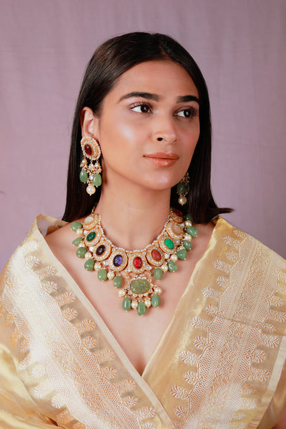 Bridal statement multicolour necklace set with sea green bead and pearl