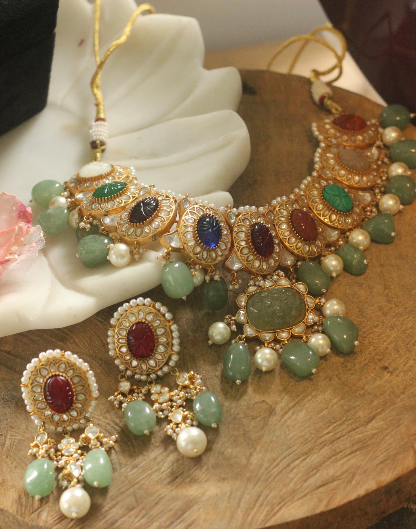 Bridal statement multicolour necklace set with sea green bead and pearl