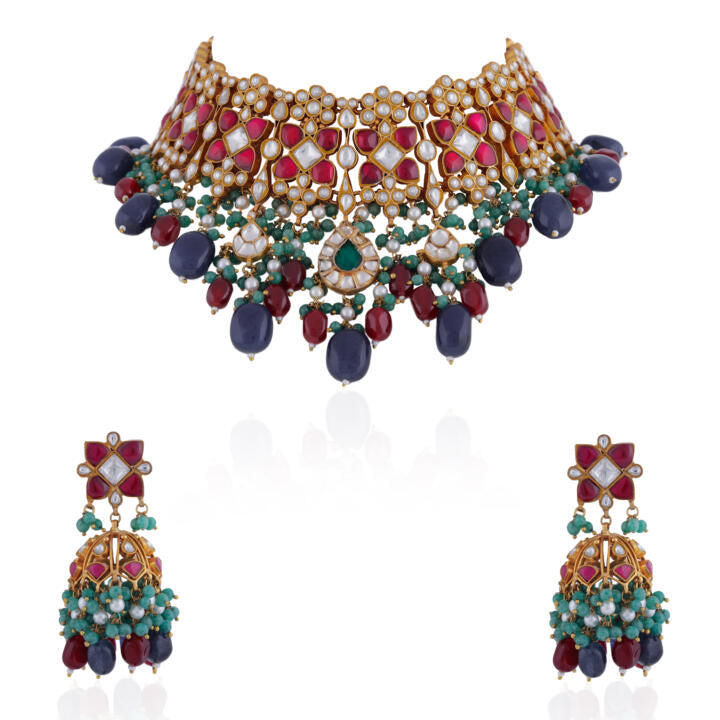 Pink stone necklace set with blue beads and jhumki