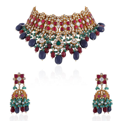 Pink stone necklace set with blue beads and jhumki